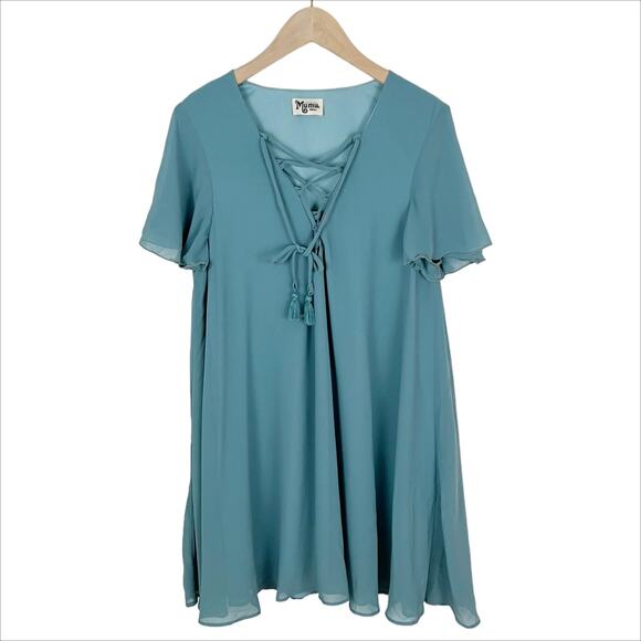 Show Me Your Mumu Kylie Lace Up Mini Dress in Poolside Chiffon Size Small - Picture 2 of 7